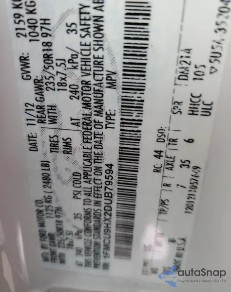 2013 Ford Escape Sel from USA, damaged, VIN 1FMCU9HX2DUB79594